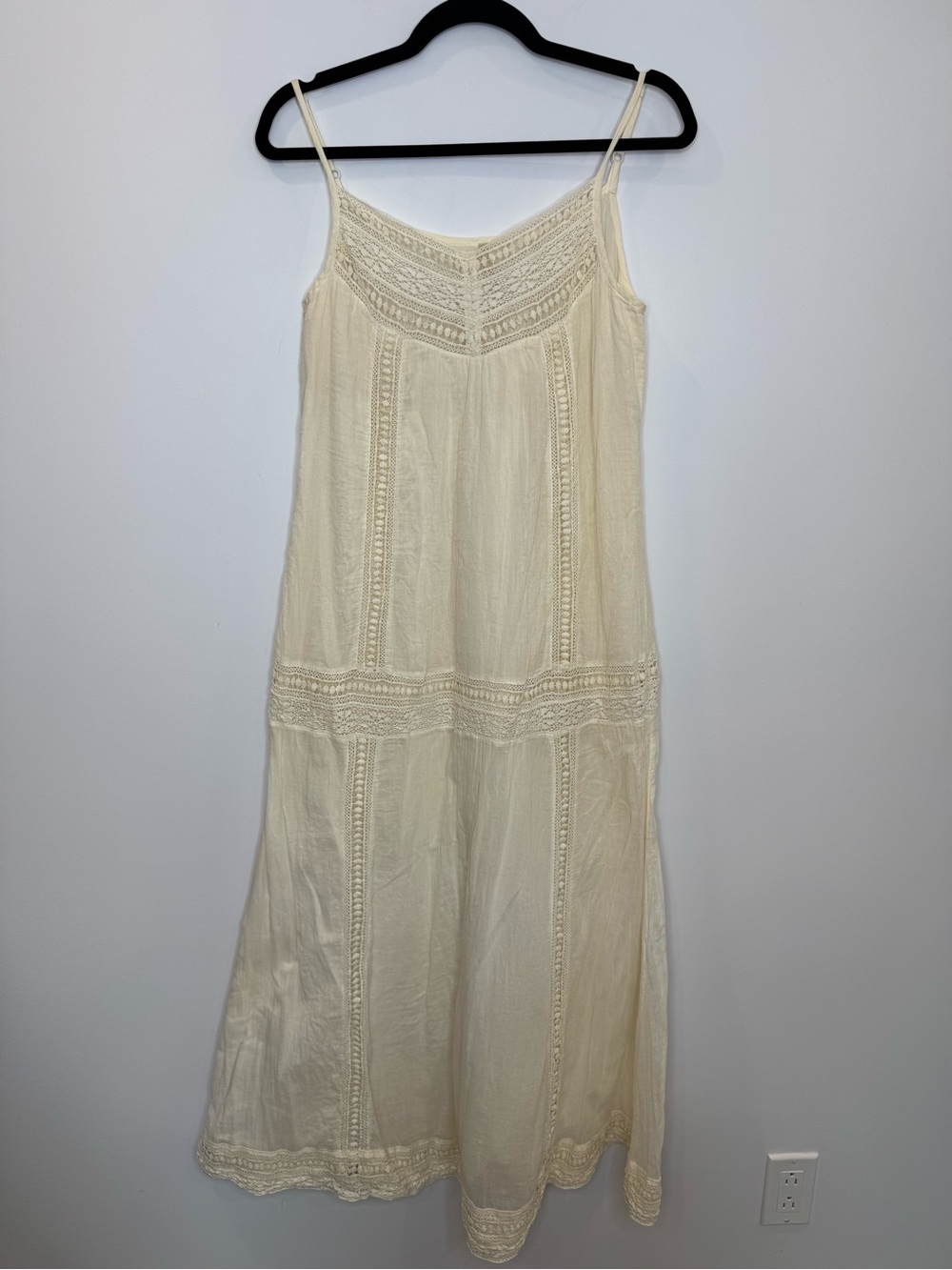 Touché balnéaire Spaghetti Strap Cream Maxi Dress Lace Insets boho cottage sz m - Picture 2 of 11